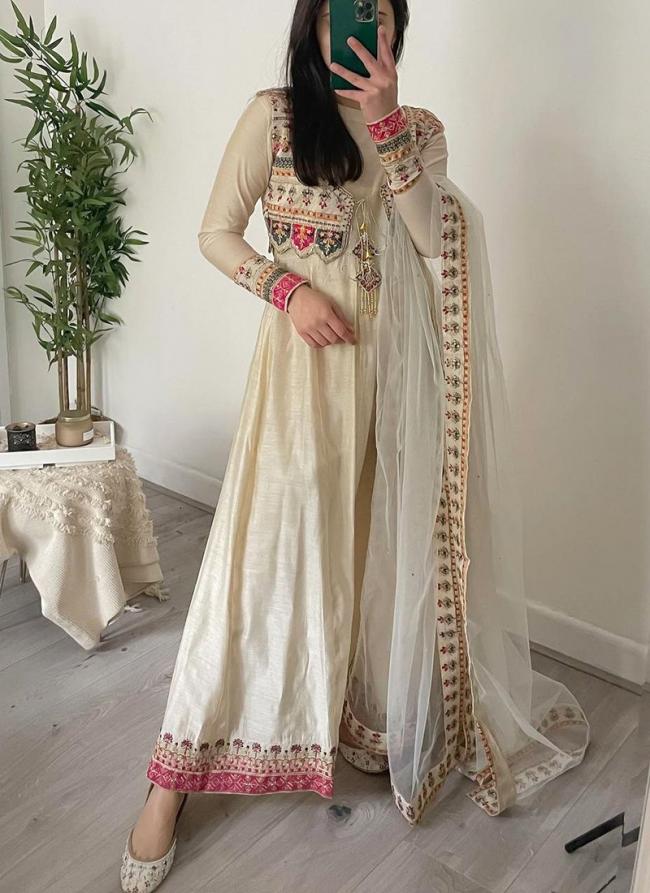 Silk Cream Festival Wear Embroidery Work Readymade Gown With Dupatta